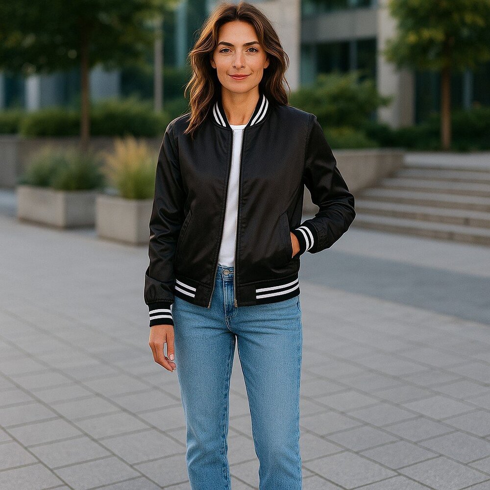 Forever 21 Black Varsity Jacket with White Stripe Trim
